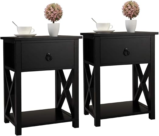 Black Night Stand Set Of 2 Shaped Nightstand With Drawer And Storage Shelf Jaxsunny End Table Side Table Wooden X Home Kitchen Furniture