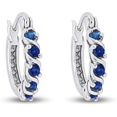 Dainty Hoop Earrings for Women Round Cut Simulated Blue Sapphire Gemstone Earrings in 14K Gold Plated 925 Sterling Silver Minimalist | Delicate Jewelry Gift for Her
