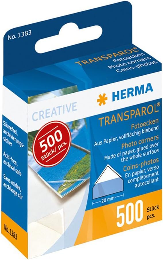HERMA 1383 Transparol Fotoecken selbstklebend (20 mm, transparent) in Spendepackung, Klebstoff lösemittel- und säurefrei, 500 Stück