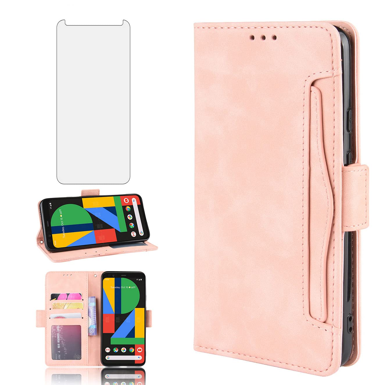 Phone Case for Google Pixel 4 XL Wallet With Tempered Glass Screen Protector Card Holder Slot ID Credit Stand Kickstand Leather Magnetic Flip Cell Accessories Pixle 4XL Pixel4XL 4LX LX Women Men Pink