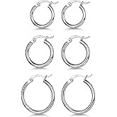 3 Pairs 925 Sterling Silver Hoop Earrings | Small White Gold Plated Hoop Earrings for Women (13mm,15mm,20mm，25mm,30mm,40mm,50mm,60mm)