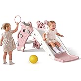 Babytronic 4 in 1 Toddler Slide for Toddlers Aged 1-3 Indoor Outdoor Pink | Baby Slide with Climber, Basketball Hoop &amp; Ring Toss, Foldable Freestanding Kids Slide, Climber Playset for Toddlers 1-3