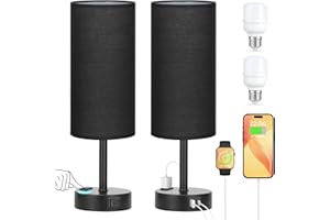 PartageiZ Black Touch Table Lamps Set - 3 Way Dimmable Bedroom Bedside Lamps Set of 2 with USB C and A Ports,Small Lamps for Nightstand with AC Outlet,Round Flaxen Shade for Desk,Office,Dorm,Nursery