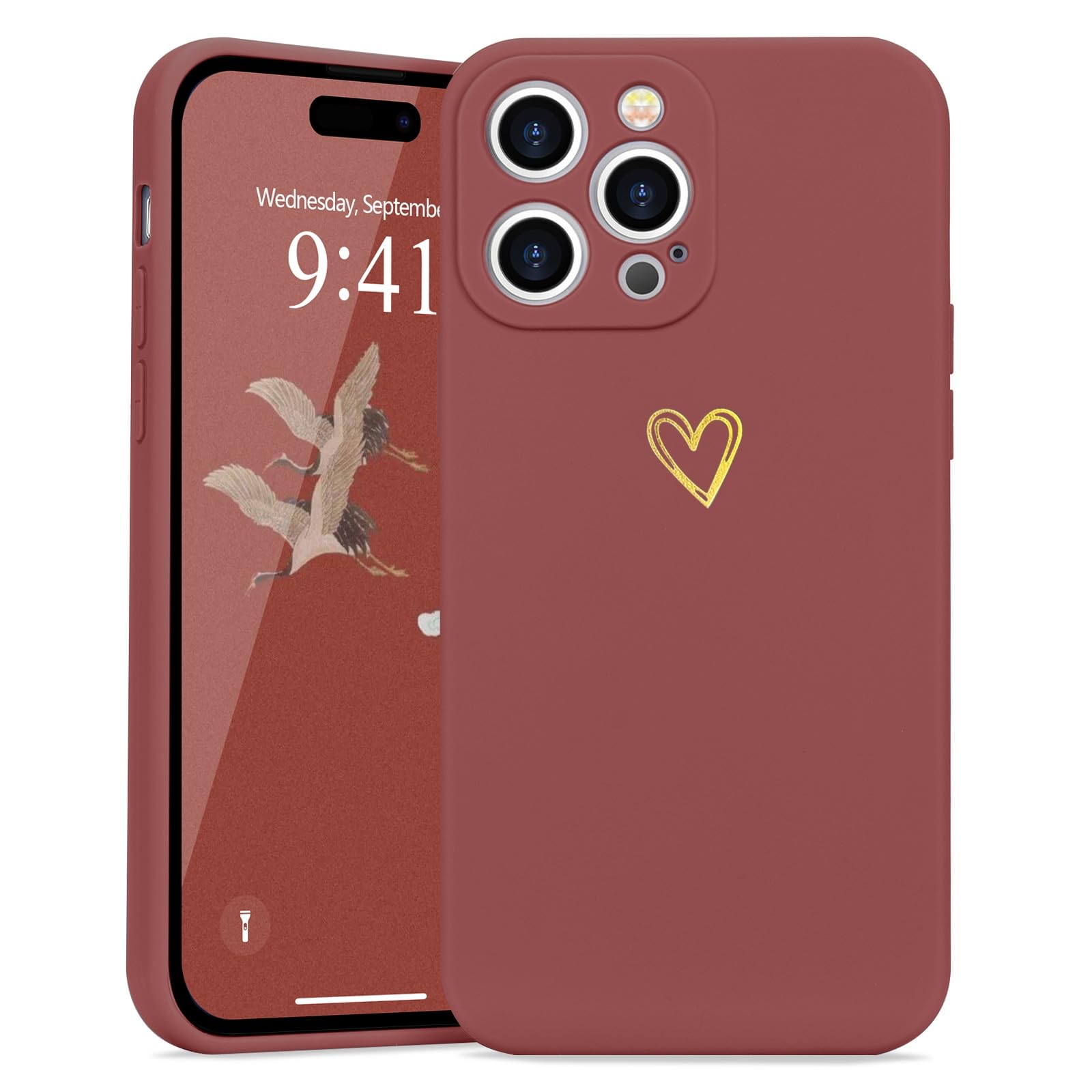 Wirvyuer for iPhone 14 Pro Case with Cute Heart Pattern Soft Shockproof Protective Silicone Phone Case for Women Girls,Red