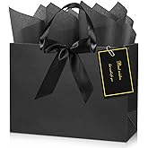 Rcybeo 3 PCS Large Black Gift Bags with Handle, Gift Bags with Tissue Paper and Greeting Card, 14"x 5"x 10" Heavy Duty Wrap Bags for Birthday Party Wedding,Father's Day,Anniversaries, All Occasions
