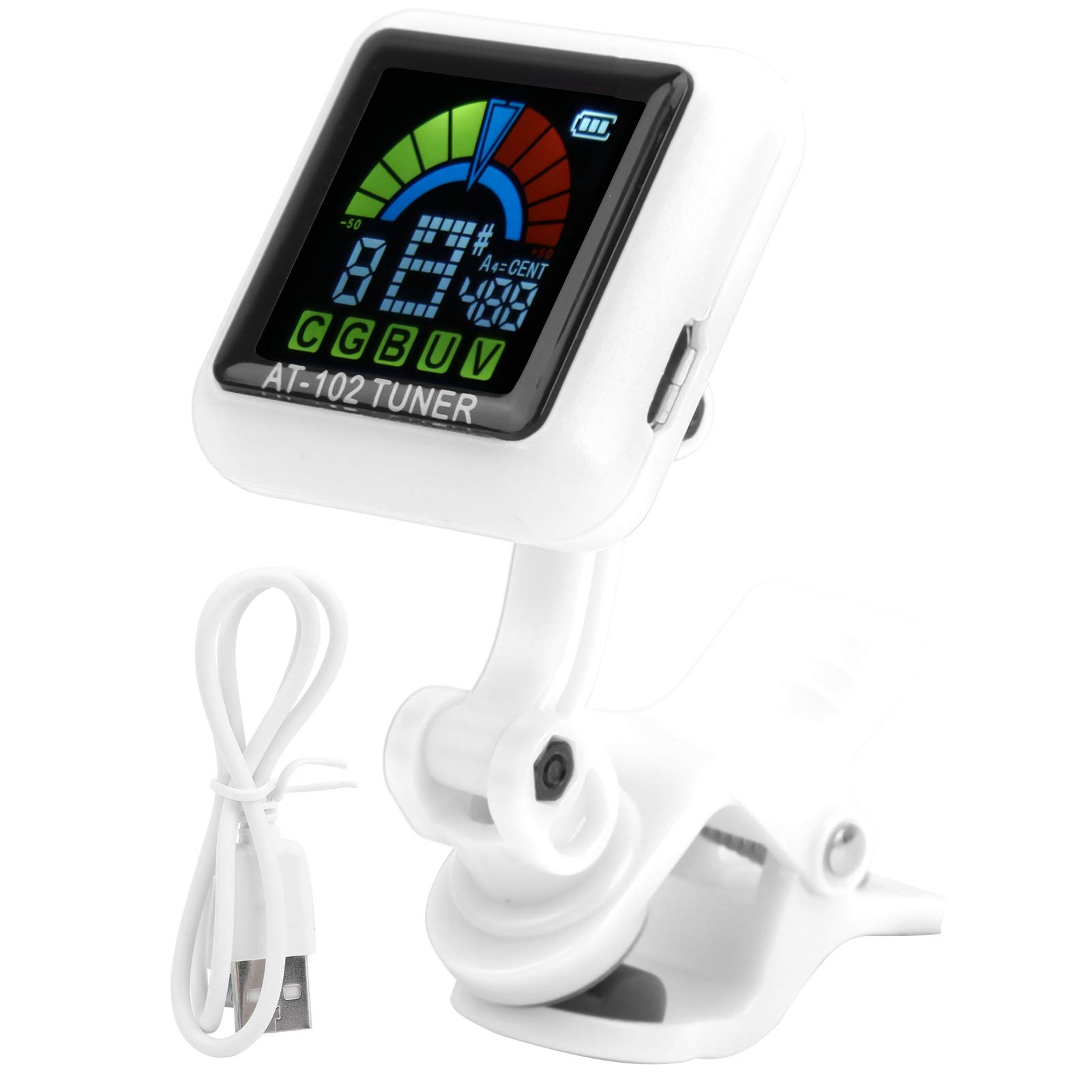 Clip-on Guitar Tuner, USB Rechargeable Tuner for Violin Ukulele Tuner AT‑102 with Color Screen(AT-102 White)
