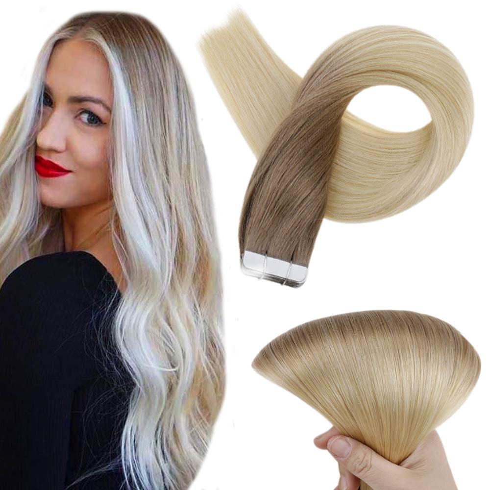 Full Shine Blonde Remy Extension Tape Ins 20 Inch Ombre Real Human Hair Extensions Color 6 Chestnut Brown Fading To 613 Bleach Blonde 20 Pcs Tape Hair Extensions 50 Grams Can Be Styled
