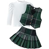 Guodeunh Toddler Girls Fall Outfits Knit Rib Shirt Tops Button Down Vest Plaid Skirt Set Winter Holiday Clothes 2-8Y