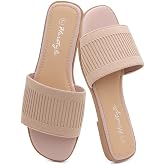 Herstyle Flat Sandals for Women, Knit Slide Sandals, Square Open Toe Slip-On, Dressy Casual Fashion Summer Shoes with Memory Foam for Travel &amp; Vacation