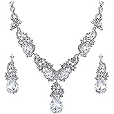 Secret for Longevity Silver Tone Antique Style Art Deco Clear Crystal Rhinestone Statement Wedding Bridal Prom Chunky Statement Earrings Necklace Gift Set