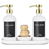 Ronasip Set of 5 Kitchen Soap Dispenser Set 16 Oz Glass Hand Dish Soap Dispenser with Stainless Steel Pump, Cement Tray, Dish Scrub Brush for Farmhouse Rustic Home Bathroom Decor (White)