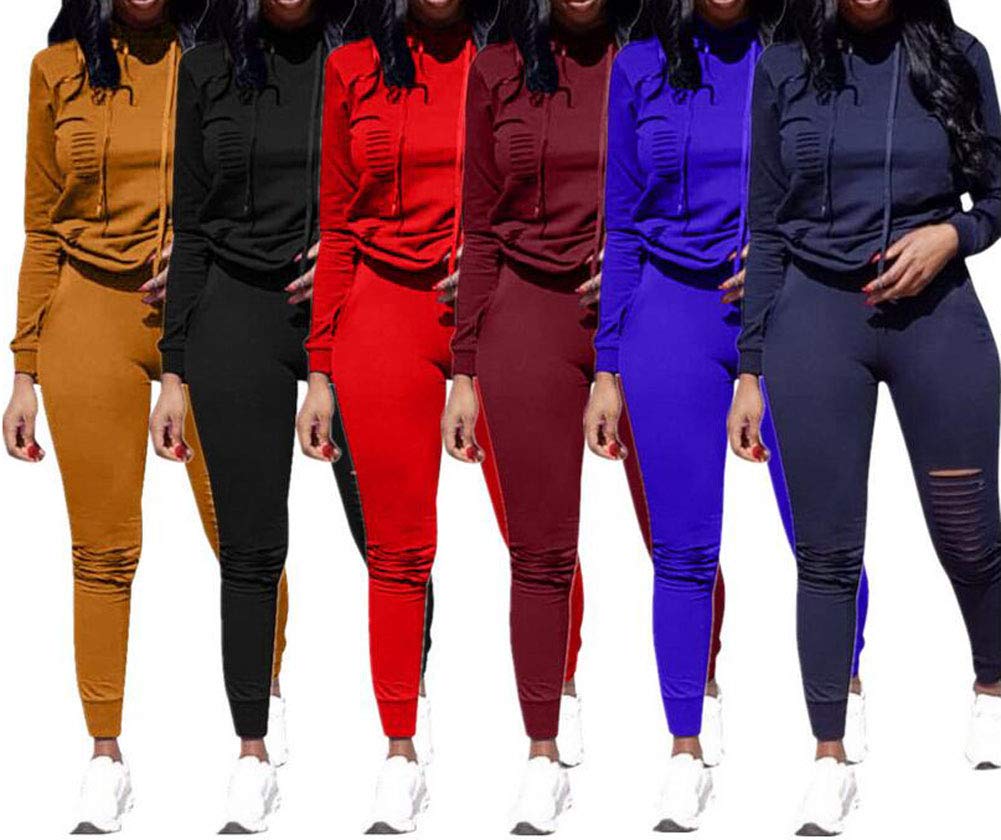 2 Piece Outfits for Women Ripped Hole Hoodies Pullover Tops and Sweatpants Sports Tracksuit Set Plus Size Dark Blue X-Large