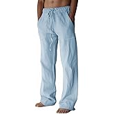 Men's Linen Pants Summer Cotton Beach Trousers Casual Lightweight Elastic Drawstring Waist Yoga Pants