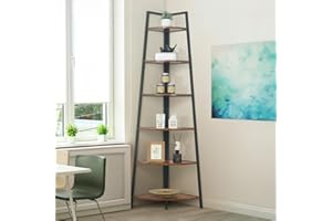 CAPHAUS Tall Corner Shelf Stand, 6-Tier Display Shelves, Ladder Corner Wood Storage Plant Bookshelf with Metal Frame, Versatile Shelving Unit Bookcase for Home Office Space, Rustic Oak
