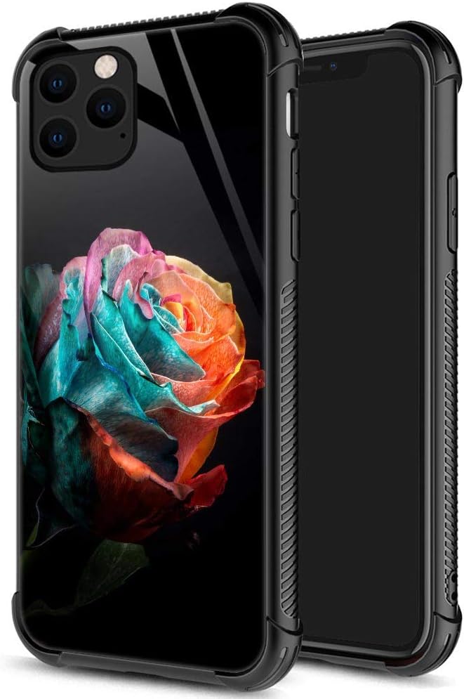 iPhone 11 Case,9H Tempered Glass iPhone 11 Cases Color Roses for Girls Womens, Pattern Design Shockproof Anti-Scratch Case for Apple iPhone 11 6.1-inch Flower Rose