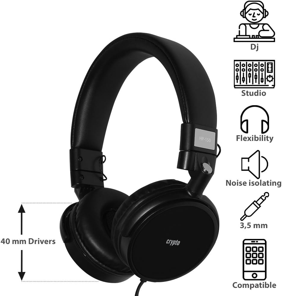 Crypto HP-150 On-Ear Close Headphone Deep Bass Foldable DJ Style - Black
