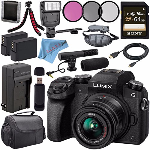 Panasonic Lumix DMC-G7 Mirrorless Camera with 14-42mm Lens (Black) DMC-G7KK + 46mm 3 Piece Filter Kit + DMW-BLC12 Lithium Ion Battery + External Rapid Charger + Sony 128GB SDXC Card Bundle