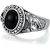 Men's Wolf and Eagle Ring Sterling Silver, Norse Runes Oval Shaped with Natural Gemstone (Black Onyx, Turquoise, Amber, Tiger Eye, Lapis Lazuli), Vintage Viking Jewelry Gift for Him