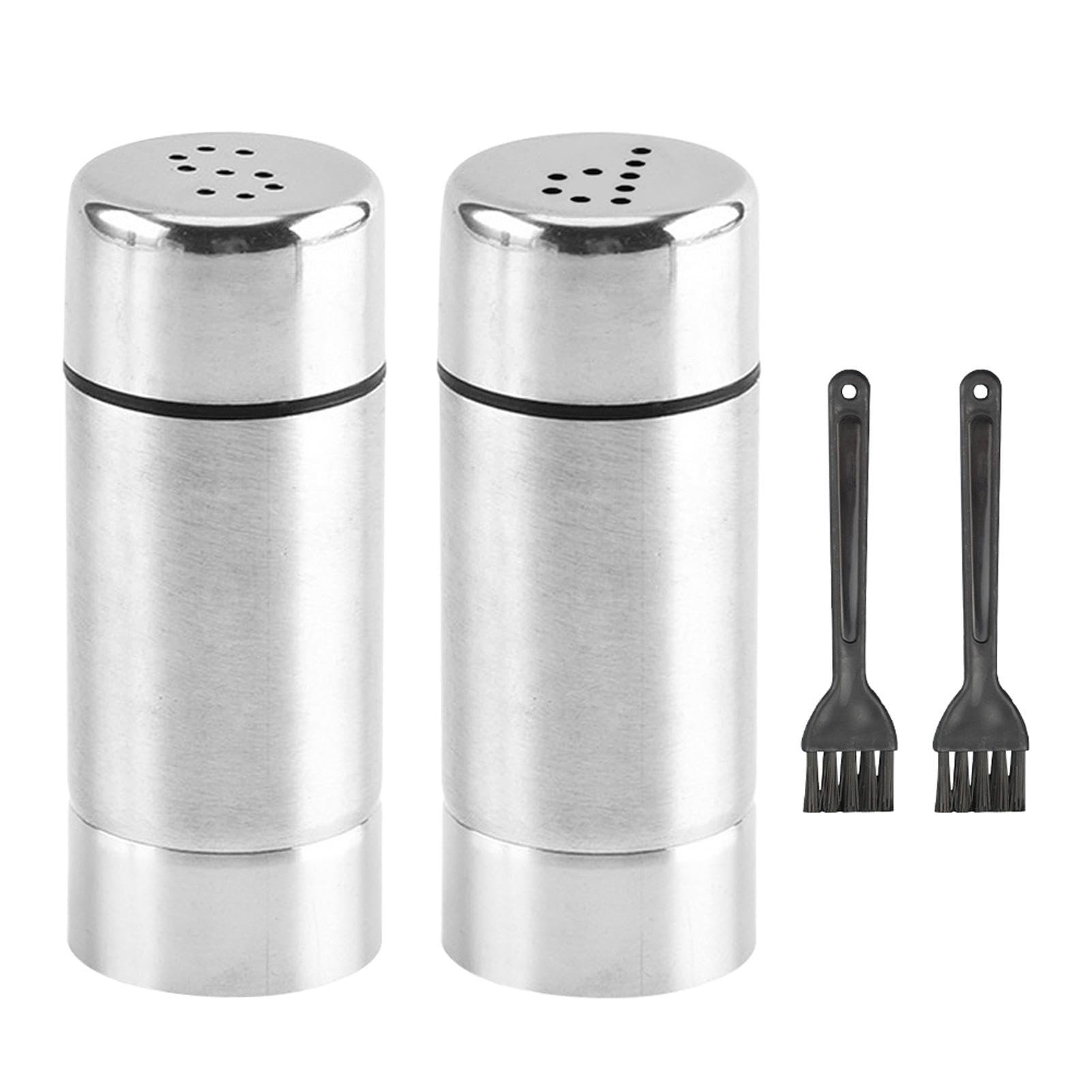 2Pcs Salt and Pepper Shaker with 2Pcs Cleaning Brush, Stainless Steel Pepper Shaker for Kitchen, BBQ, Camping, Restaurant, Dining Table, Small Spice Shakers for Icing Sugar Salt Cocoa Flour Coffee