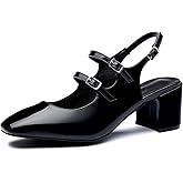 Viloporlor Mary Jane Shoes Slingback Chunky Heels for Women Closed Toe Double Strap Block Heel Pumps Retro Square Dress Shoes for Daily Party