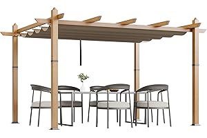 GUSTOWAVE 10x13 Ft Outdoor Retractable Pergola Aluminium Pergola Canopy with Adjustable Roof, Upgraded Faux Wood Grain Modern Metal Patio Gazebo for Deck, Backyard Garden, Porch, Grape Trellis, Khaki