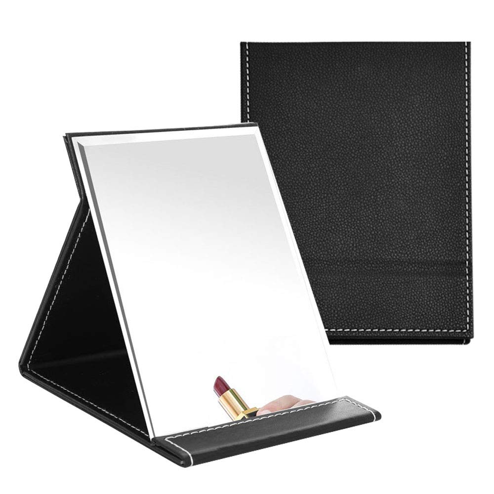 YMDZ Travel Folding Mirror PU Leather Table Top Mirror Makeup Mirror with Stand Compact Mirrors 6.69*4.8in, Black