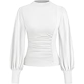 KIRUNDO Blouses for Women Dressy Casual 2026 Spring Tops Fall Puff Long Sleeve Shirts Fitted Mock Neck Ruched Trendy Tops