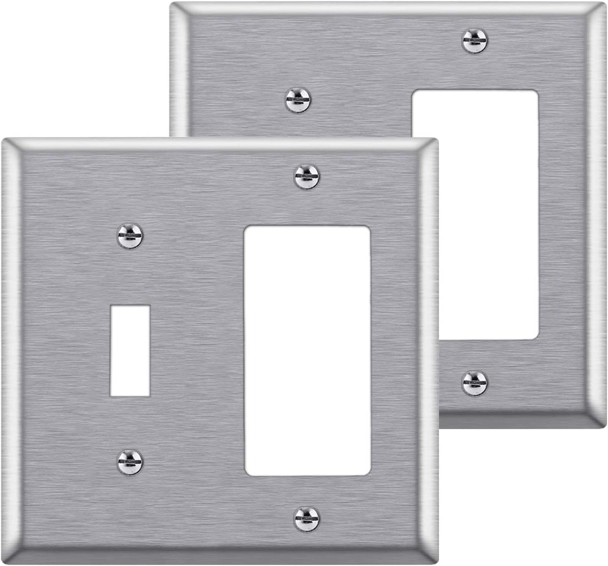 [2 Pack] BESTTEN 2-Gang Combination Metal Wall Plate, 1-Toggle/1-Decor, Standard Size, Anti-Corrosion Stainless Steel Outlet and Switch Cover, UL Listed, Silver