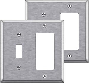 [2 Pack] BESTTEN 2-Gang Combination Metal Wall Plate, 1-Toggle/1-Decor, Standard Size, Anti-Corrosion Stainless Steel Outlet and Switch Cover, UL Listed, Silver