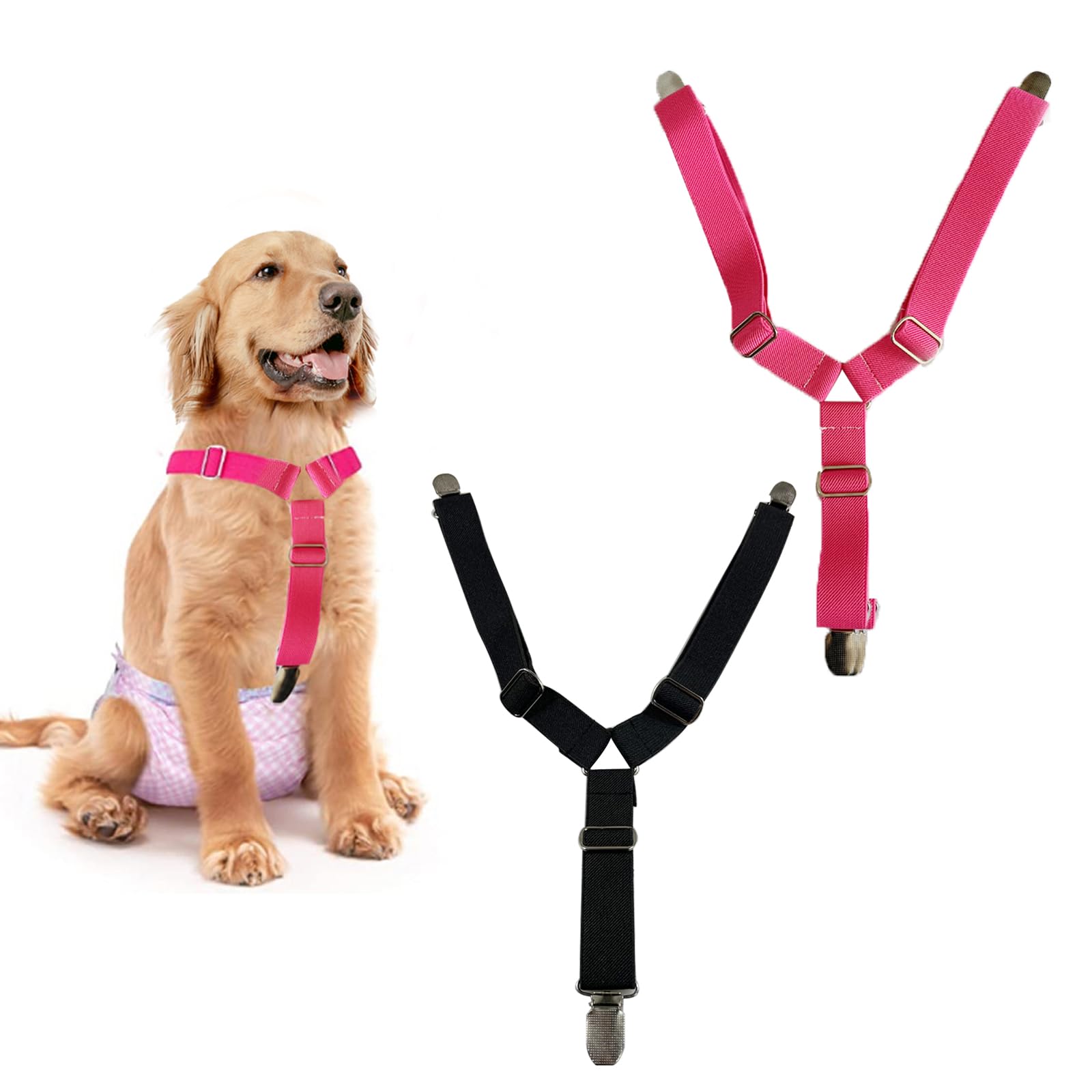 AWOCAN 2 Pieces Pet Diaper Fasteners with Adjustable Length Pets Diaper Anti-Slip Suspender Straps for Small Medium and Large Dogs (M-BLACK+ROSE RED)