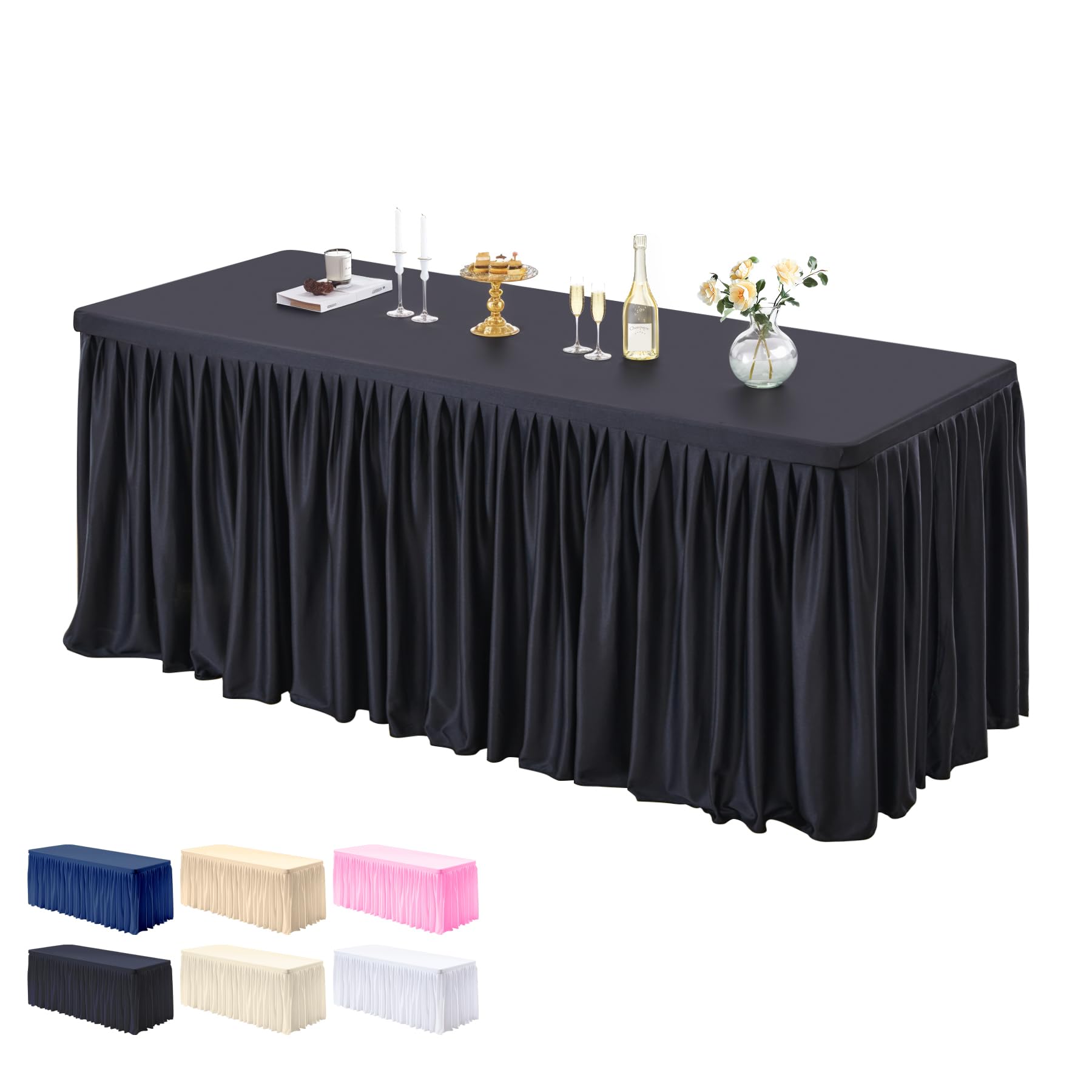 Photo 1 of 1 Pack Black Tablecloths for Rectangle Tables 4ft, Wrinkle Resistant Black Table Cover Fitted Stretch Table Cloth with Pleated Ruffle Skirts for Party Banquet Dining Birthday Wedding