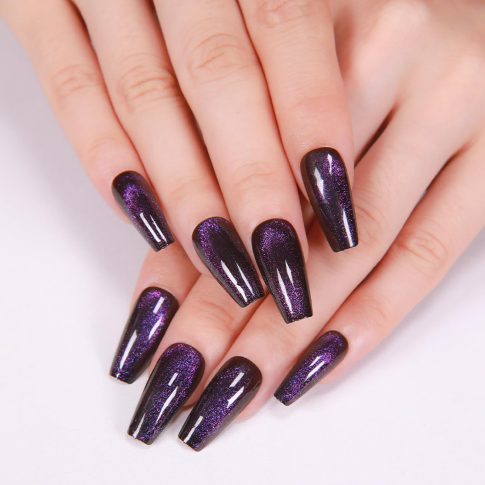 Gentle Claws Press On Nails - Midnight Purple | Dark Purple Glitter Velvet Nails, Medium Coffin Squared Press On Nails with Cat Eye Design for Women and Girls, 24 Pcs Reusable Purple Fake Nails - Image 3