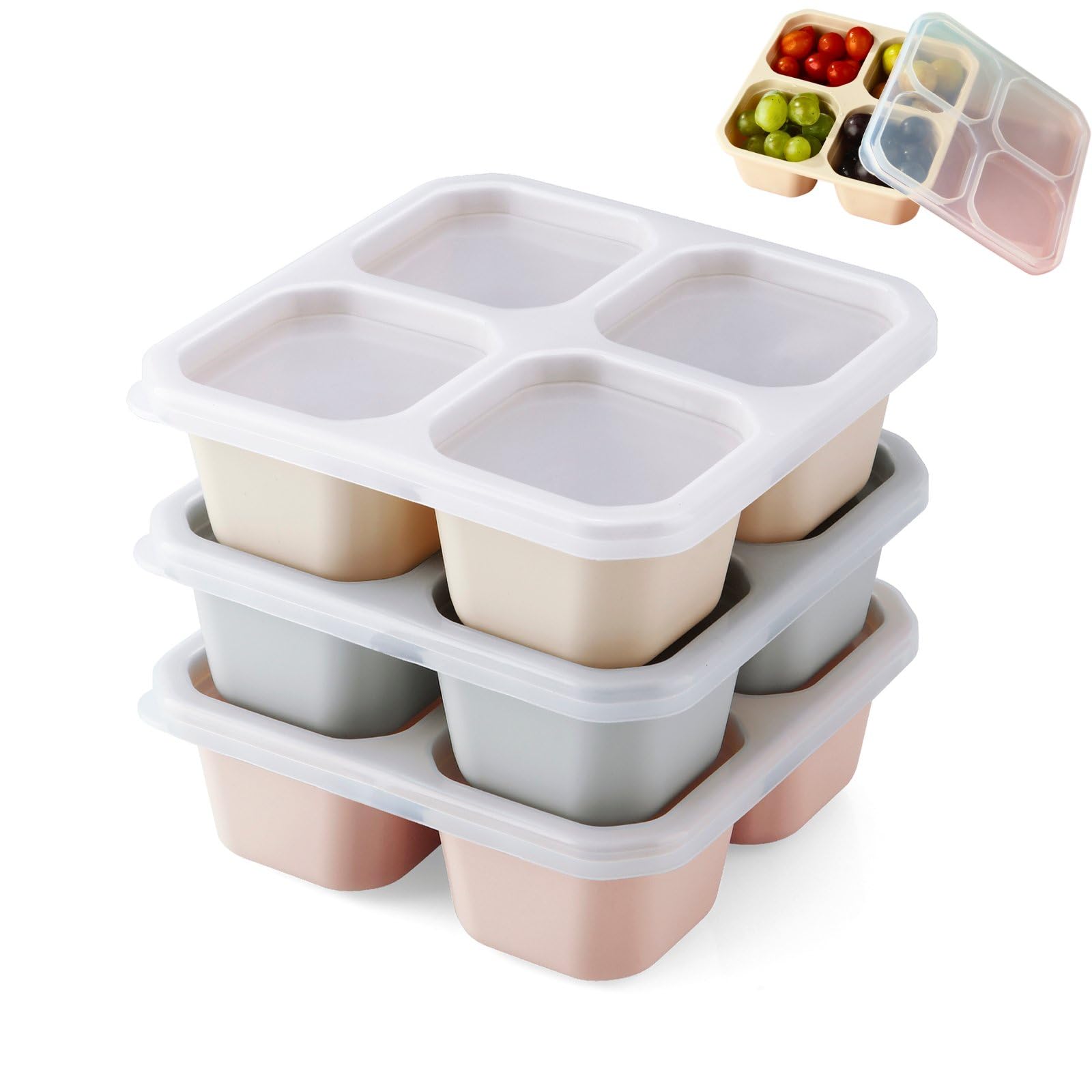 Photo 1 of *MINOR DAMAGE - USED*
Emptycolor 3 Pack Silicone Snack Containers with Lids 4 Compartment Bento Lunch Box for Adults, Reusable Divided Food Storage for Daycare, Travel, Work, BPA Free, Microwave Safe