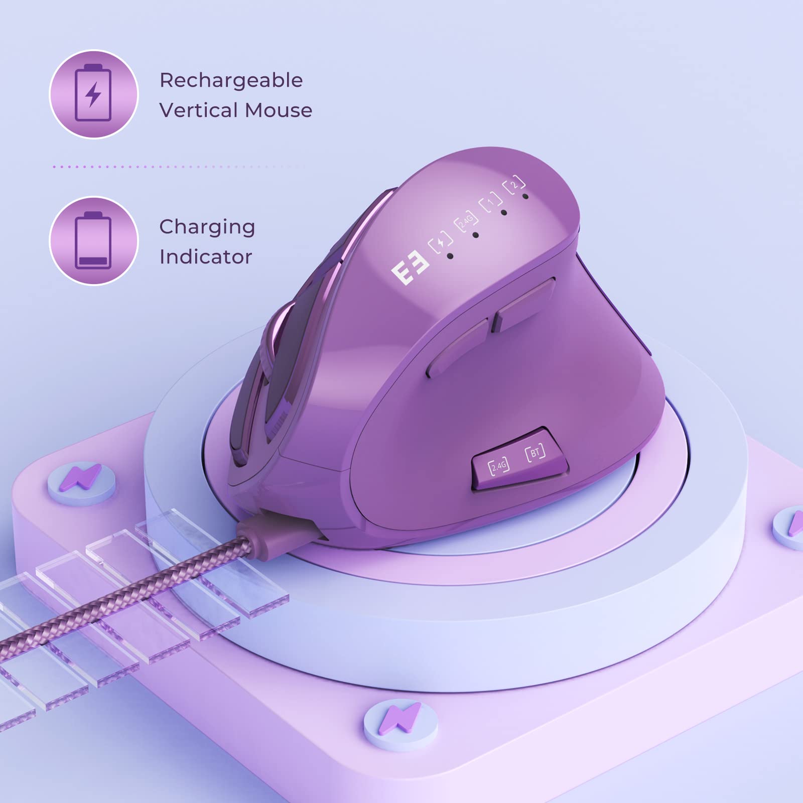 seenda Ergonomic Mouse, Wireless Vertical Mouse - Rechargeable Optical Mice for Multi-Purpose (Bluetooth+Bluetooth+USB Connection) Compatible Apple Mac and Windows Devices - Purple