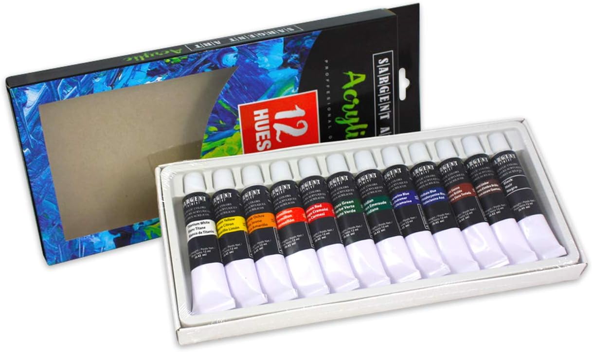 Sargent Art 23-0501, Acrylic Tube Paint, 12ml, 12 Colors, Use with Canvas, Wood, Craft Projects, Perfect for Beginning Artists to Students and Professionals