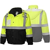 Besentinels Waterproof Hi Vis Safety Jackets for Men, High Visibility Reflective Jacket with Pockets, Long Type Rain Coats for Winter Construction with Black Bottom, Class 3, DJK-Yellow X-Large