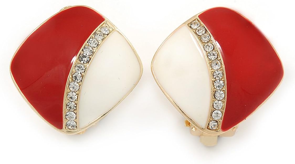 Viereckige Ohrclips mit roter/ weißer Emaille, Kristall und