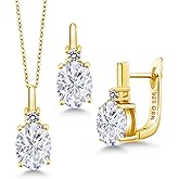 Gem Stone King Gemstone Birthstone and White Diamond Pendant and Earrings Jewelry Set for Women in 18K Yellow Gold Plated Silver | Oval 8X6MM and Round 2.5MM | With 18 Inch Chain