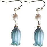 All natural delicate Campanula flowers paired with pearl drop earrings are handmade and unique,Vintage-Style Pearl Drop Earrings, Blue Glass Bell Flower Design, Gold-Tone Hooks,Real Preserved Bellflower & Freshwater Drop Earrings | Handmade Hypoallergenic Dangle Earrings | Lightweight Floral Jewelry Gifts for Women