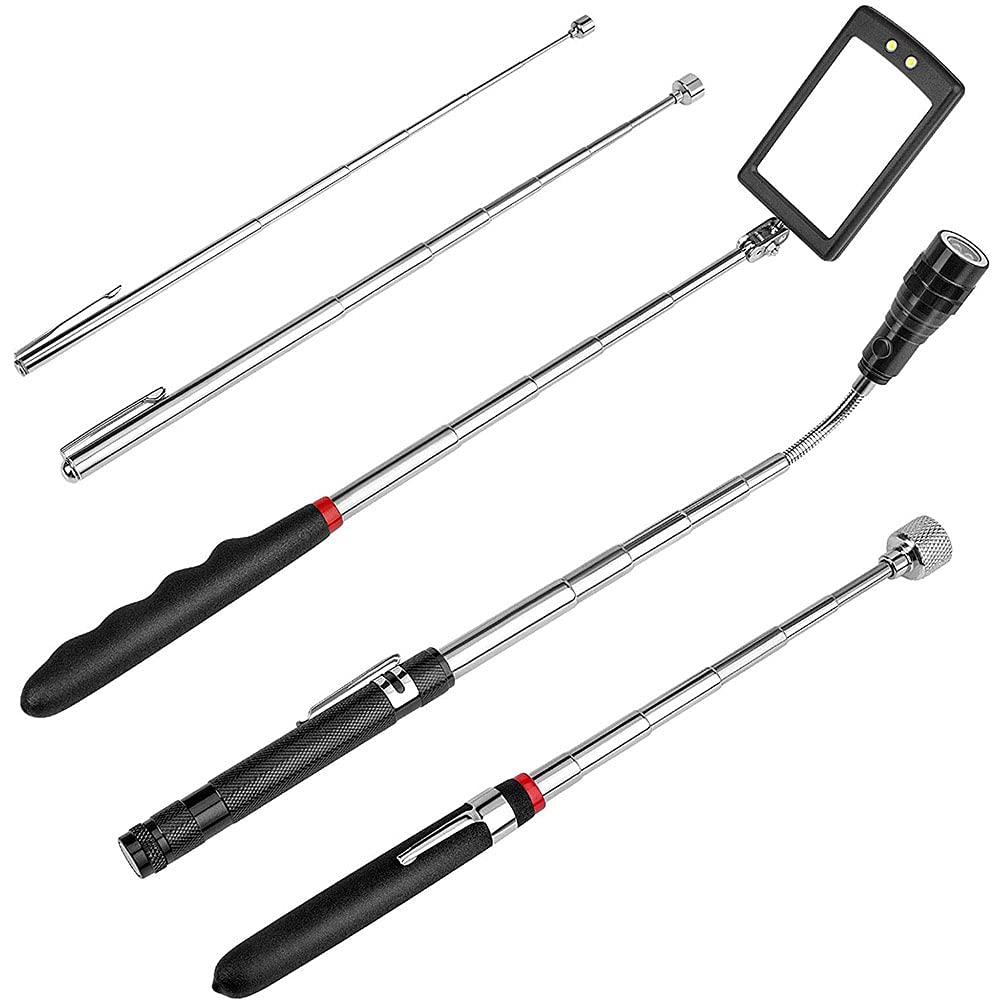 ANCLLO 5PCS Telescoping Magnetic Pickup Tool Extendable Magnet Stick with 1.5LB 3LB and 15LB Telescoping Mirror, Telescoping Flashlight