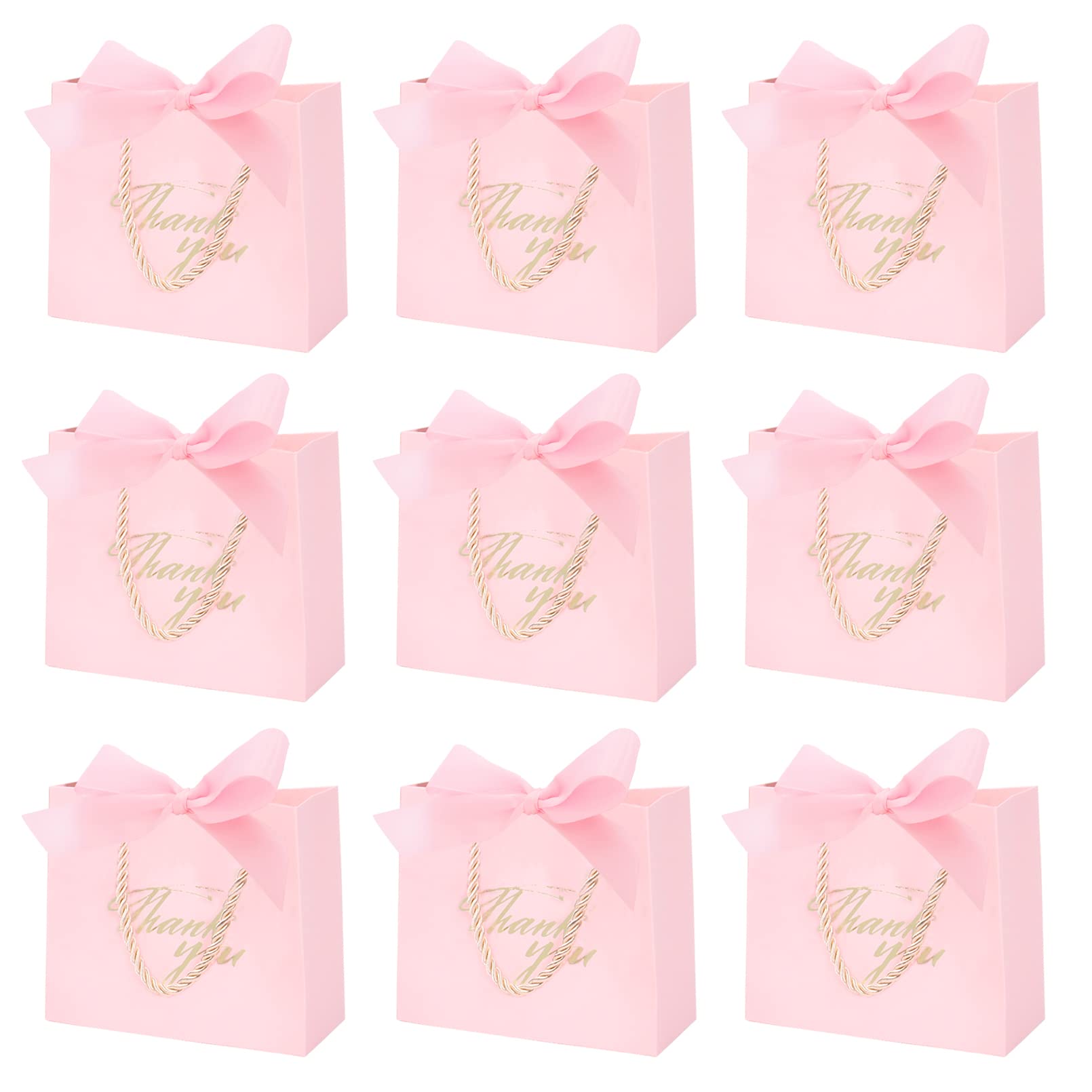 12Pcs Thank You Gift Bags with Handle and Bow Ribbon, Small Paper Gift Bags Bulk with Handle Favour Bags for Wedding Party Birthday Party Baby Shower, pink