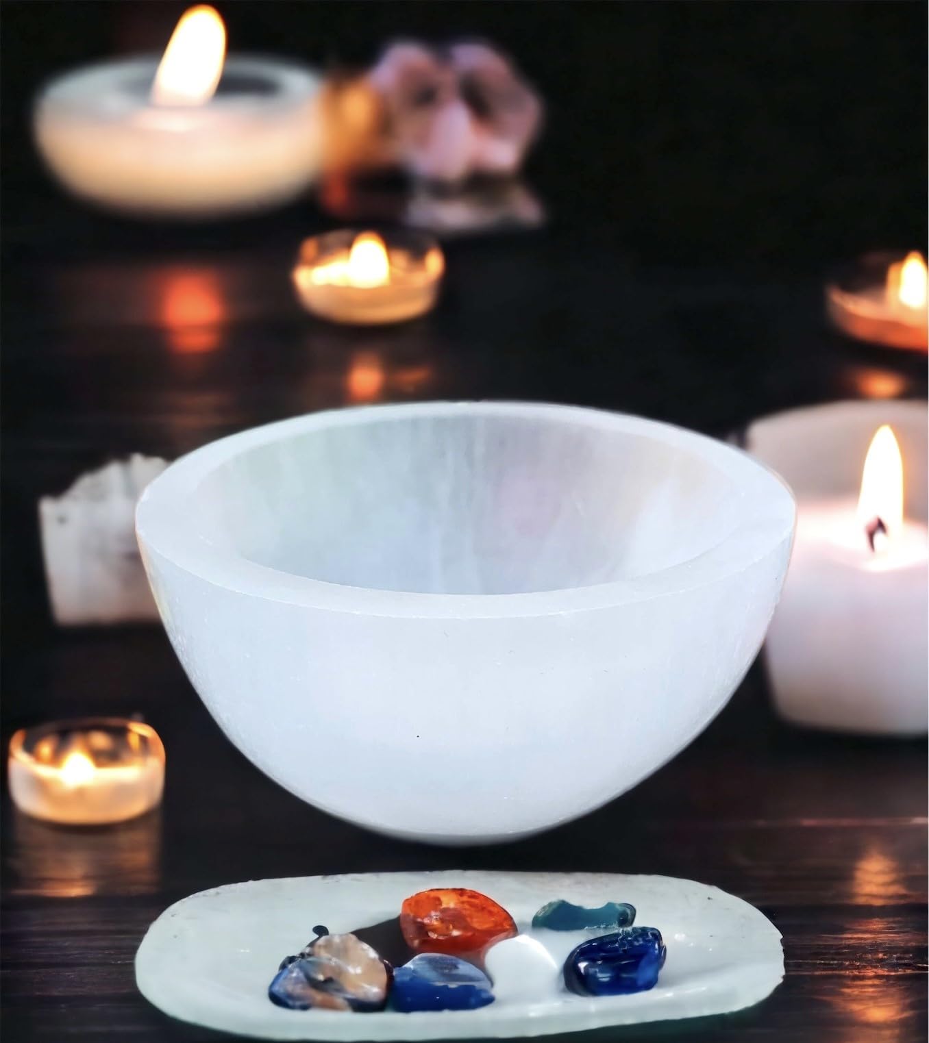 4All Selenite Crystals Round Cleansing Bowl Selenite Stone Super Natural Spirit Healing Plate White Natural Meditation Tool Handmade Tumbles Jewelry Storage for Decoration Gift (14cm)