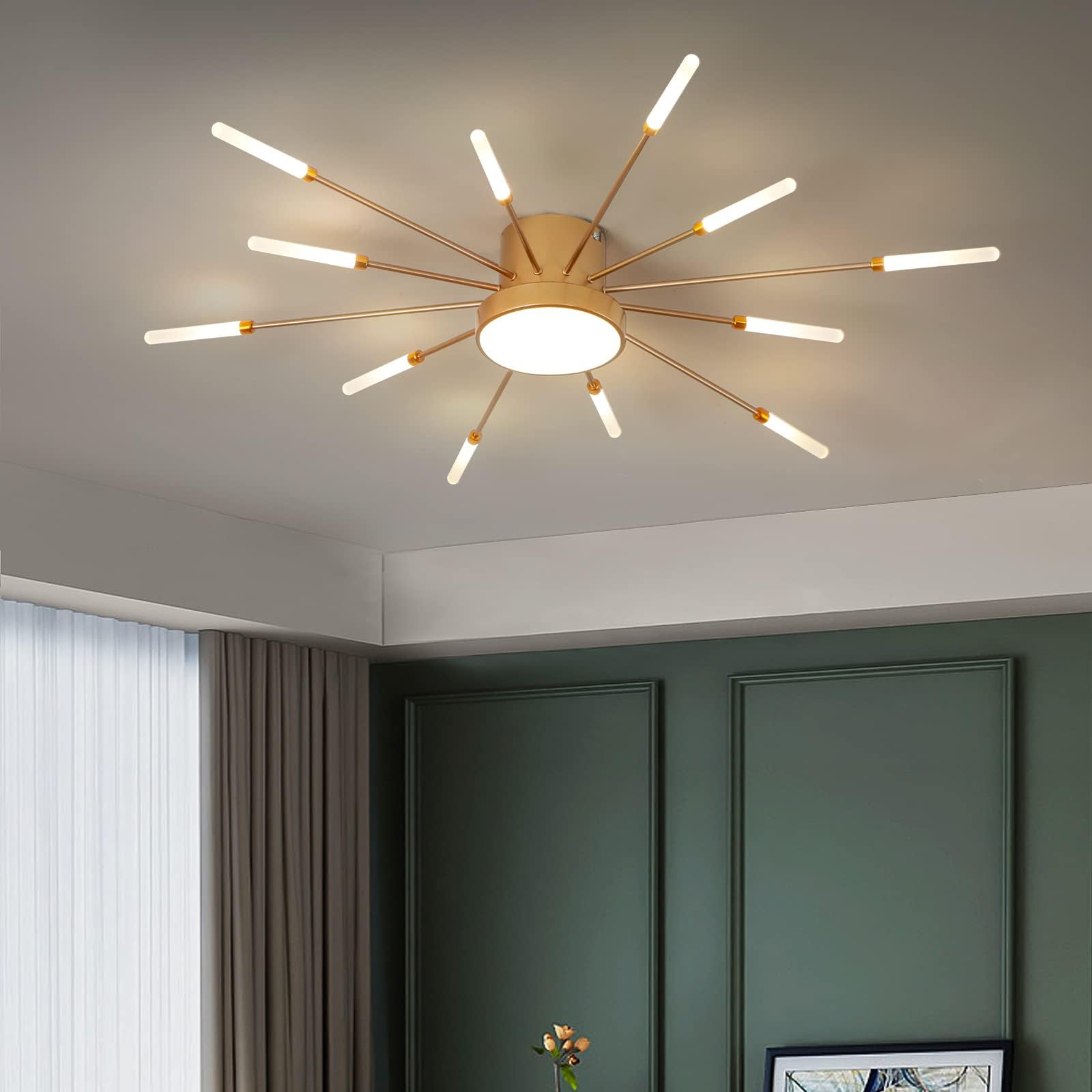 minifair Modern LED Ceiling Light,12+1 Heads Semi Flush Mount Gold Chandeliers Ceiling Lighting for Bedroom Living Room Kitchen Dining Room Restaurant