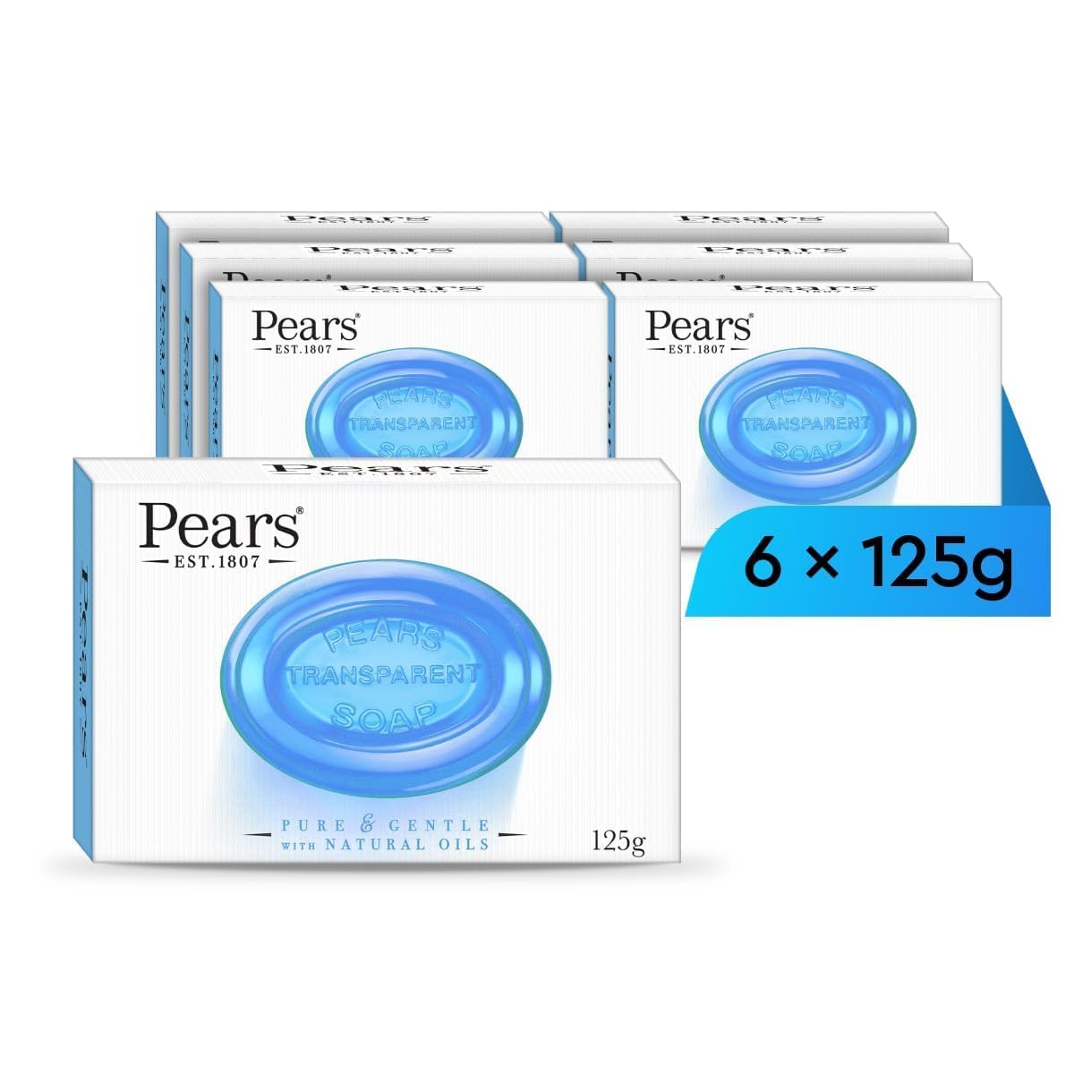 Pears Pure & Gentle Transparent Natural Soap Bar - Made with Mint Extracts, Nourishing and Refreshing Bathing Cleanser, Gentle & Soothing Skin Care, Pure Transparency, Pack of 6 x 125g