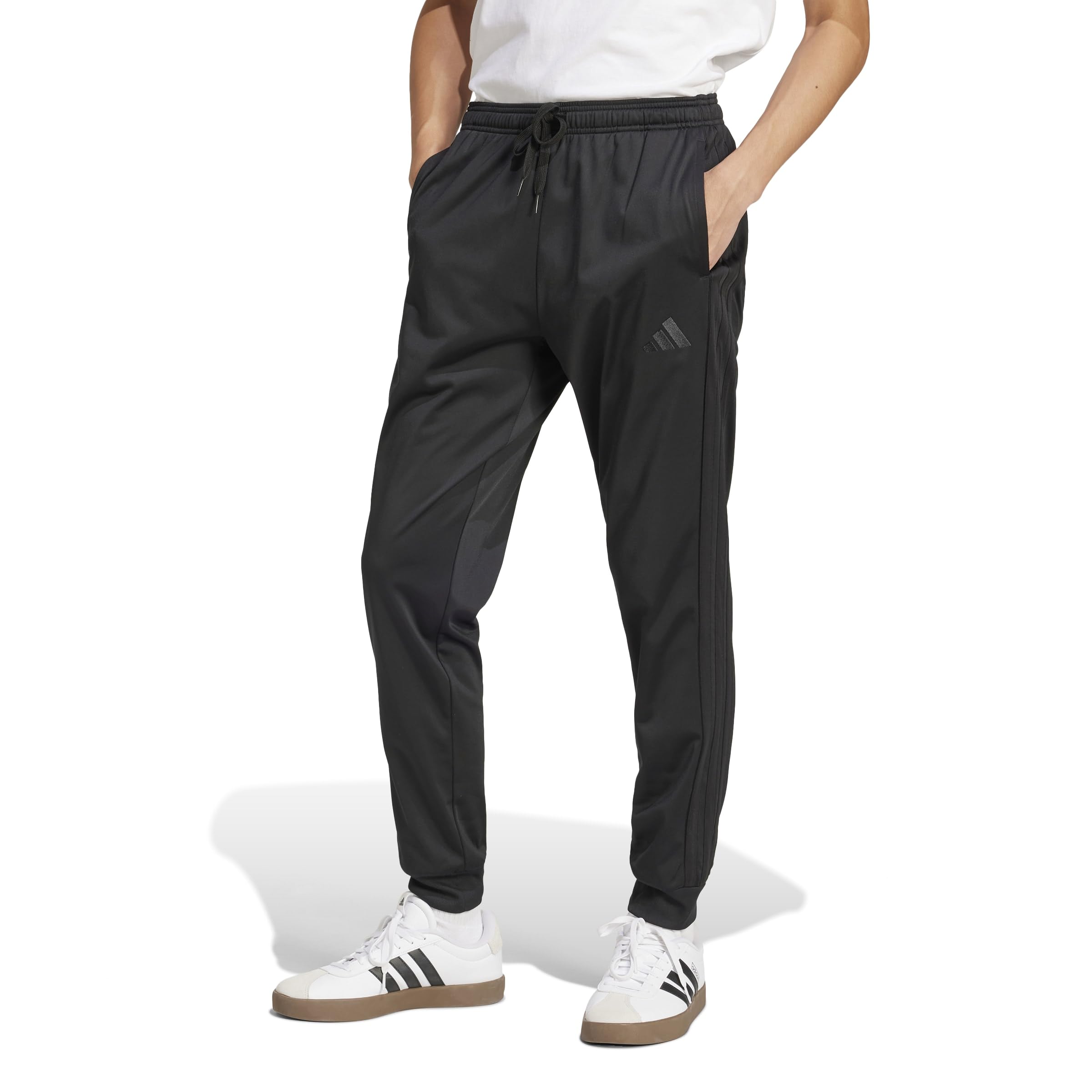 adidas Mens 3-Stripes Tricot Regular Tapered Sportswear Track Pants, Black/Black, X-Small Image