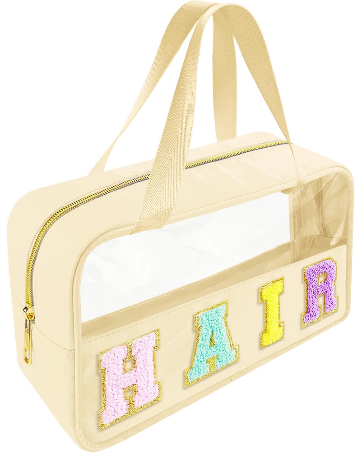 Photo 1 of Bunliuys Chenille Letter Clear Makeup Bag Hair Patch, Travel Toiletry Makeup Bag with Handle, Nylon Waterproof Makeup Bags clear cosmetic bag, preppy patch makeup bag for Women (HAIR-Beige)