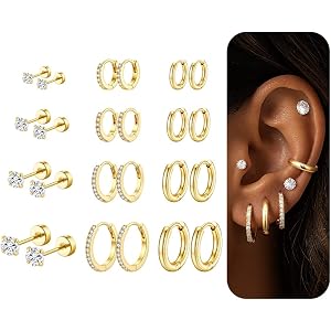 TURANDOSS Hypoallergenic Gold Stud Hoop Earrings Set for Women Girls | 14K Gold Plated, Small Huggie Hoop Earrings Stack, CZ