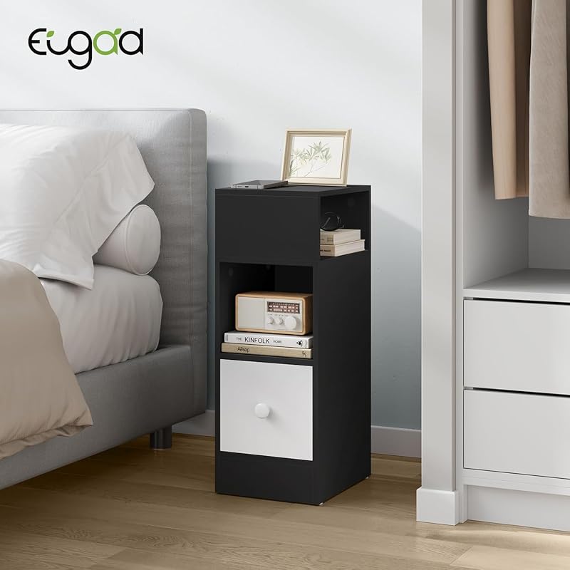 Mesita de Noche Estrecha Gris Oscuro con 2 Compartimentos y 1 Cajón, 25x30x66 cm, Mesilla Auxiliar para Dormitorio Pequeño y Salón Espacios Reducidos, Moderno Madera, 0010CTG