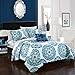 Chic Home Blue Reversible Bed in a Bag Quilt Set, King Size (4 Piece), Madrid - Microfiber Bedding with Geometric Medallion Boho Pattern Print - Quilt, Pillow Shams and Decorative Pillows