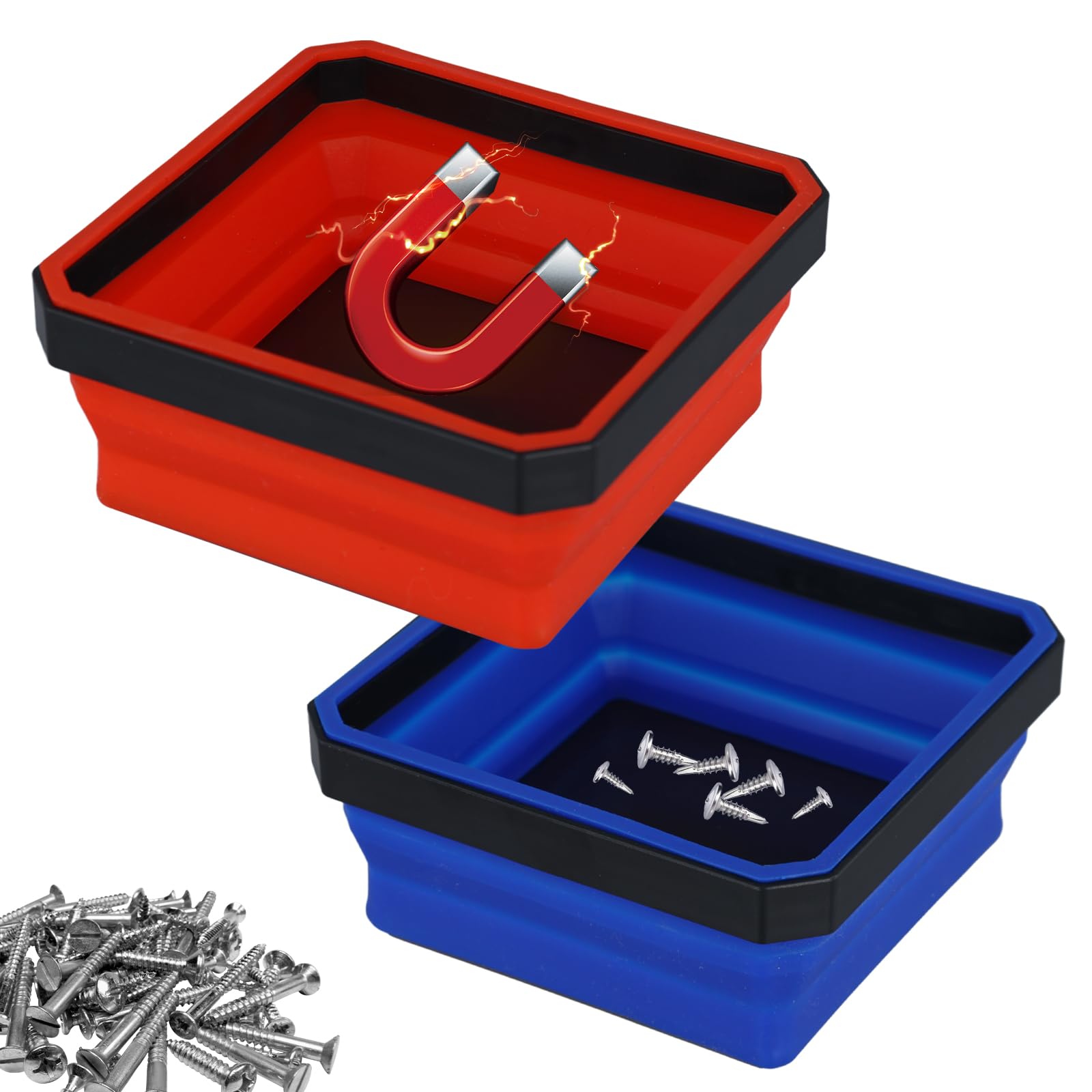 2pcs Collapsible Magnetic Parts Tray, New Version Magnetic Foldable Tray Silicone Magnetic Tool Tray for Mechanic's Square Folding Screw Tray Bowls Base for Bolts Screws Nuts Washers Pins